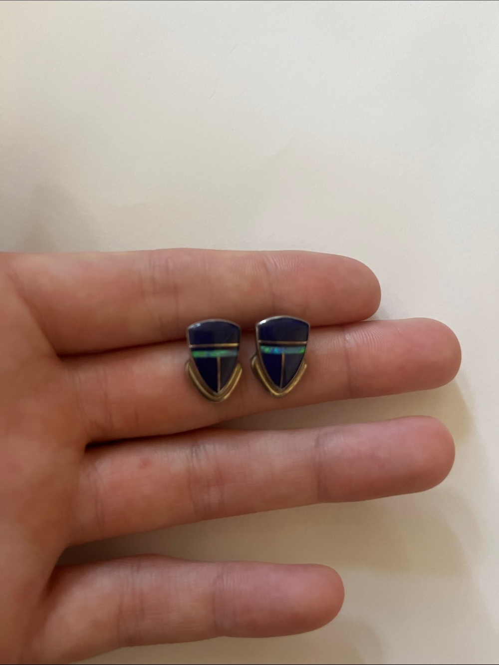 Blue with Opal Inlay Shield Stud Earrings - Women Jewelry
